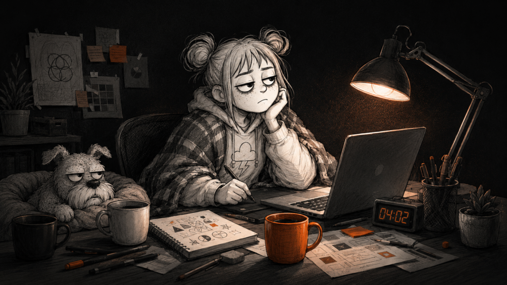 Graphic designer freelance al lavoro su un progetto visivo